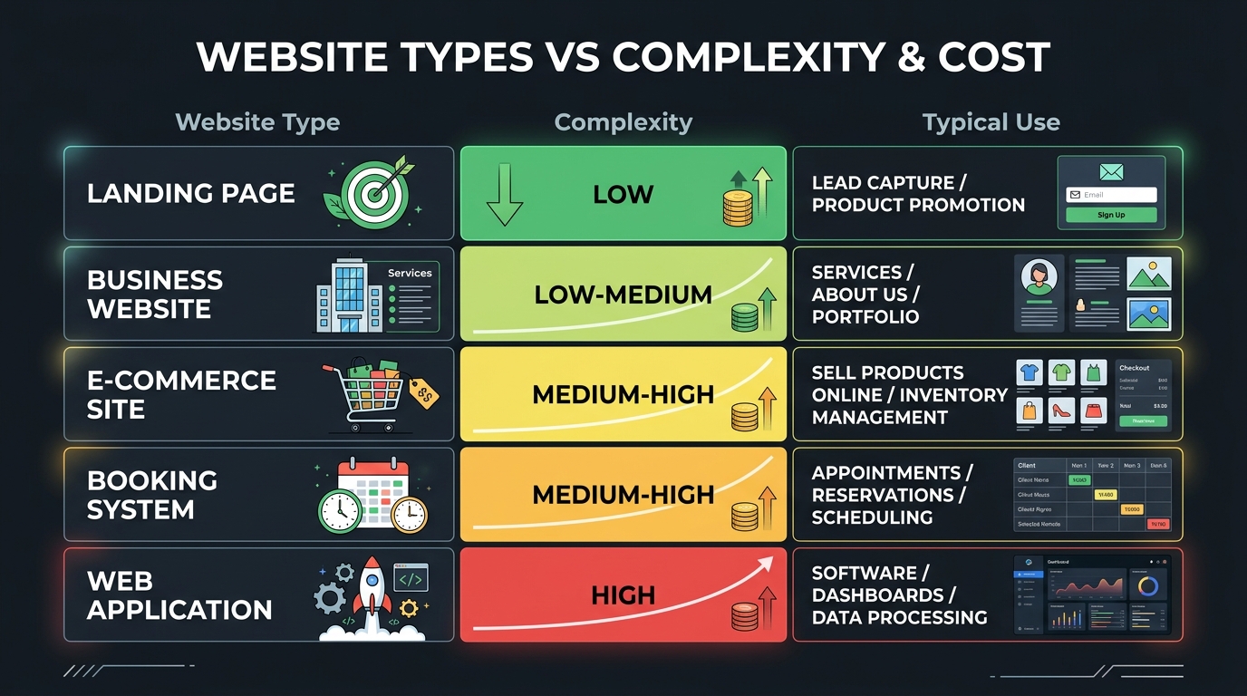 Table mapping different Nigerian business types to their recommended website requirements