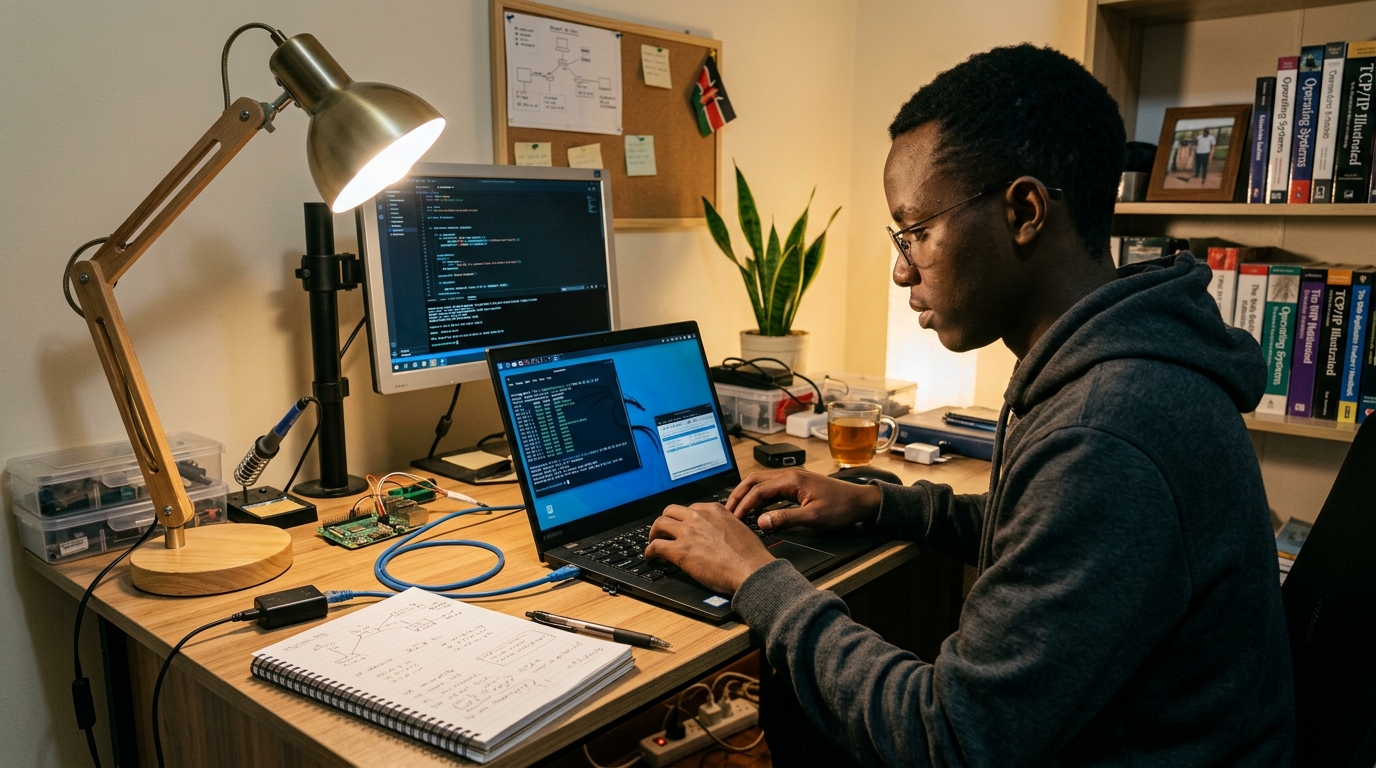 A cybersecurity student running Kali Linux on a laptop in a home lab environment