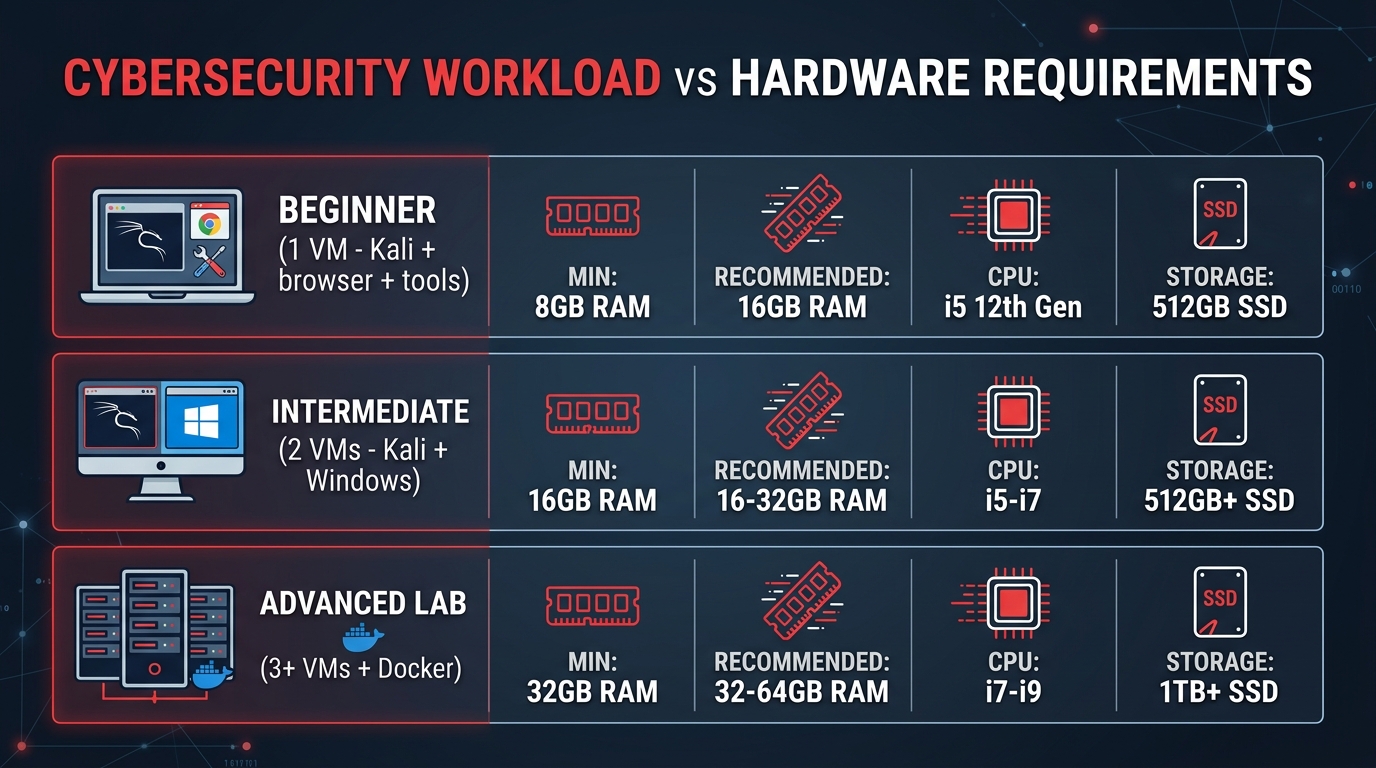 Comparison of laptop specifications required for beginner, intermediate and advanced cybersecurity workloads