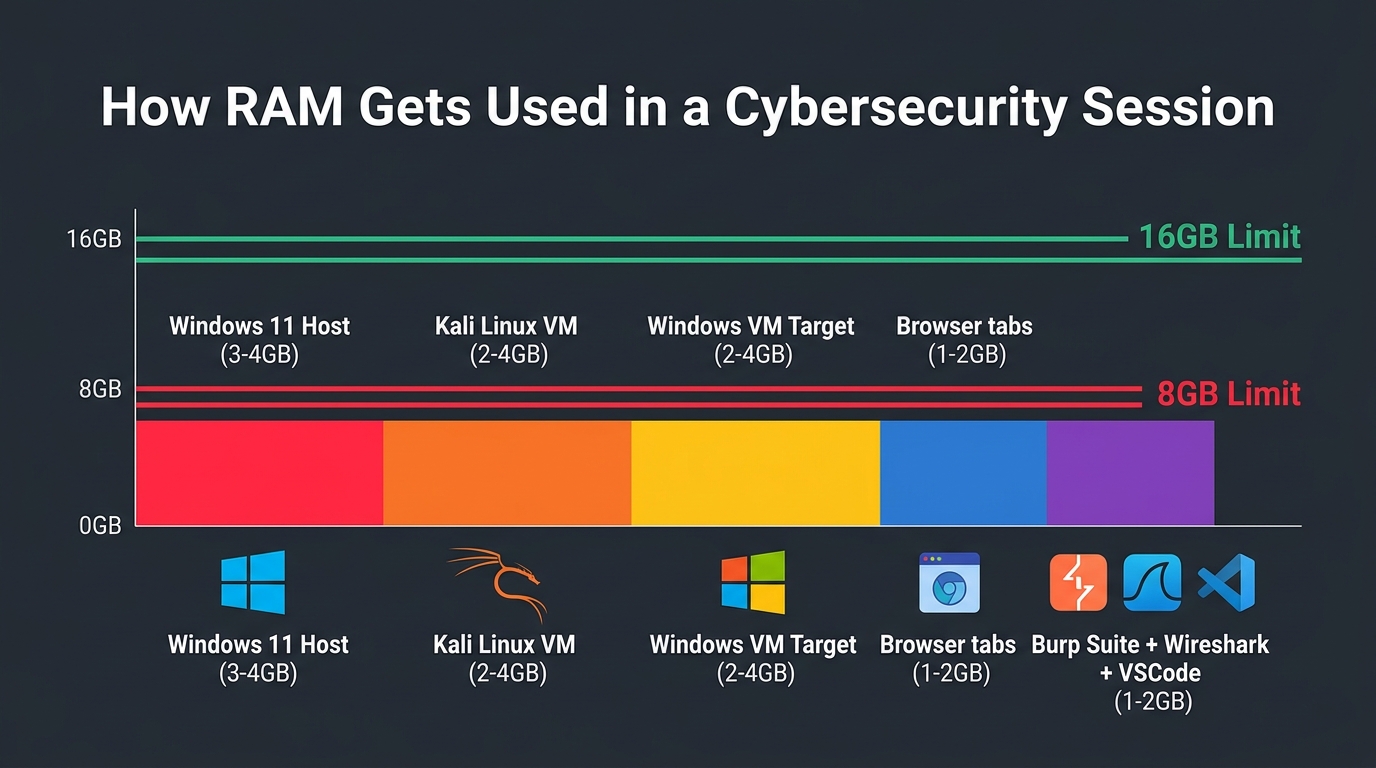 Diagram showing how RAM is consumed across a typical cybersecurity learning environment with virtual machines