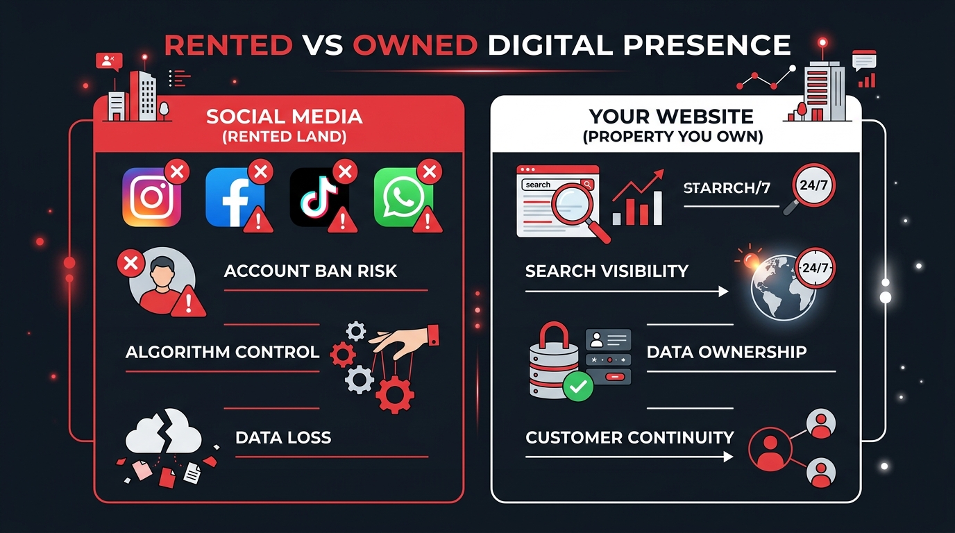 Diagram comparing rented social media presence to owned business website