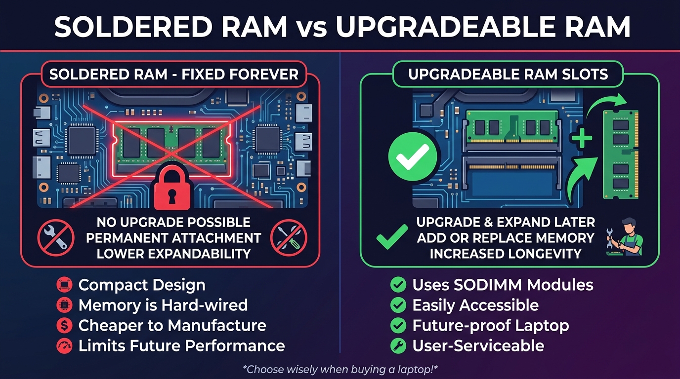 Diagram showing the difference between soldered RAM and upgradeable RAM slots in laptops