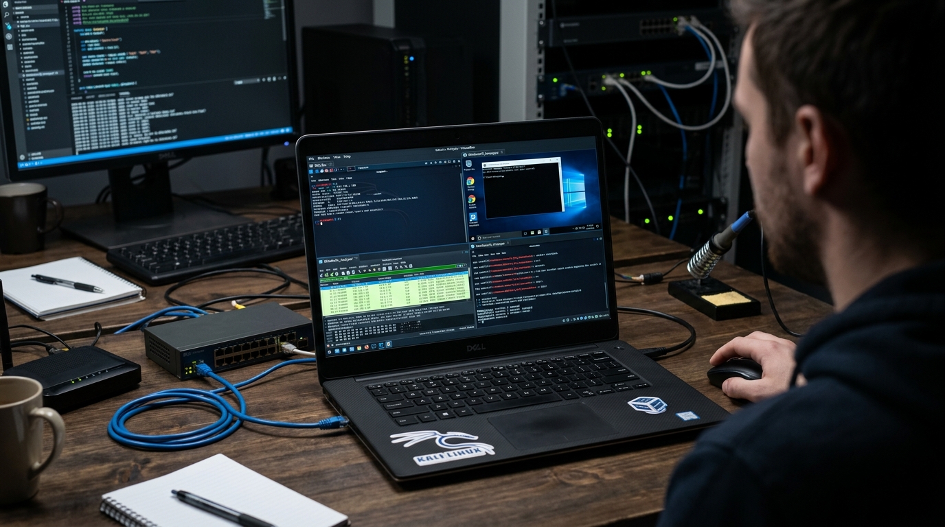 A cybersecurity lab environment running multiple virtual machines on a single laptop