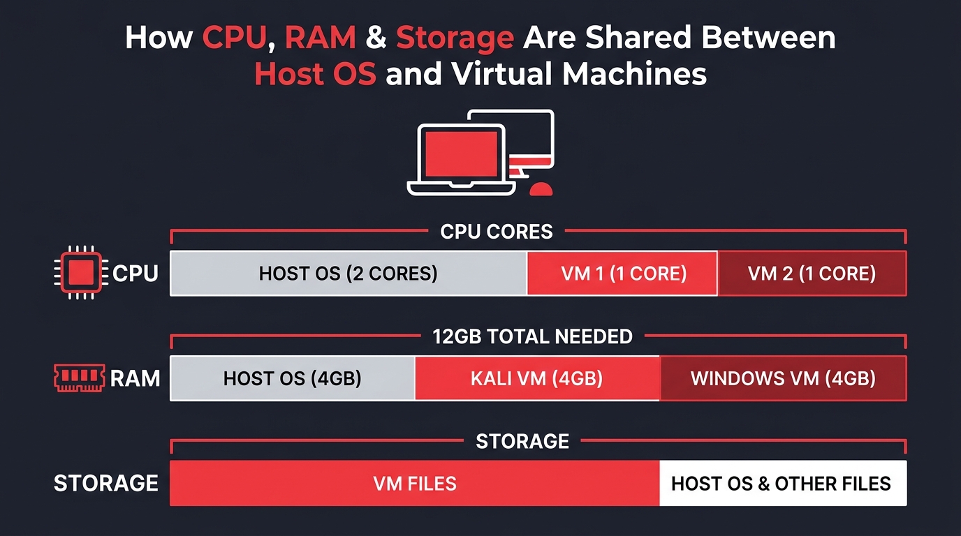 Diagram showing how CPU, RAM and storage are shared between the host OS and virtual machines