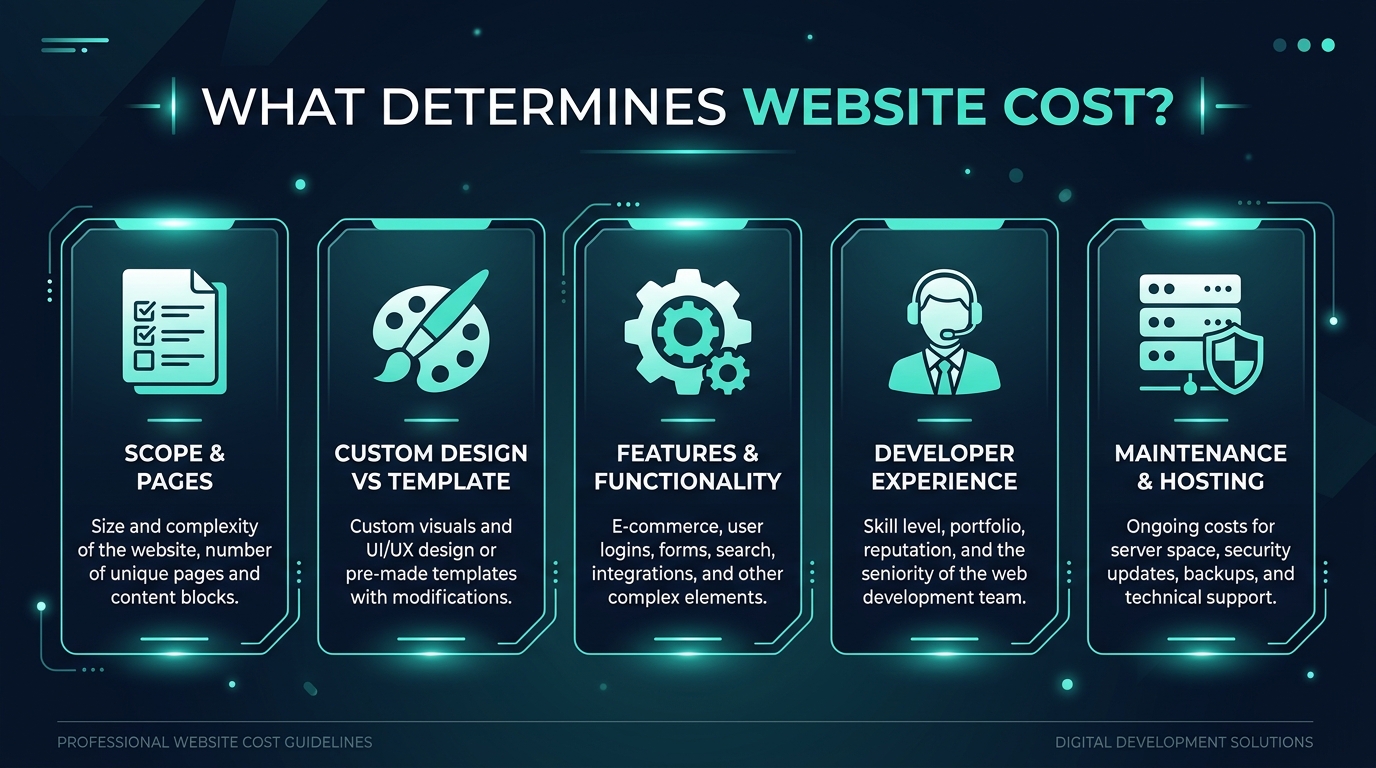 Diagram showing the key factors that determine website development costs in Nigeria